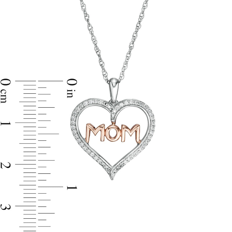0.2 CT. T.W. Natural Diamond MOM" in Heart Pendant in Sterling Silver and 10K Rose Gold"