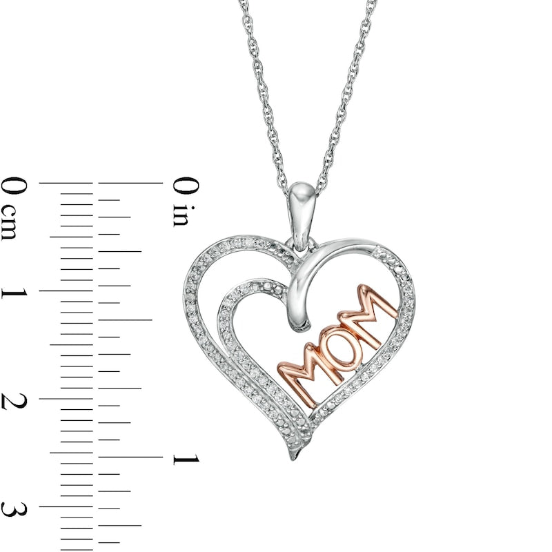 0.2 CT. T.W. Natural Diamond Double Row Heart MOM" Pendant in Sterling Silver with 10K Rose Gold"