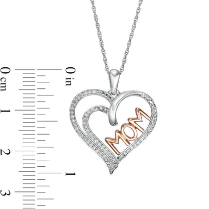 0.2 CT. T.W. Natural Diamond Double Row Heart MOM" Pendant in Sterling Silver with 10K Rose Gold"