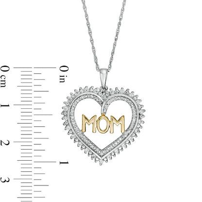 0.25 CT. T.W. Natural Diamond MOM" Heart Sunburst Double Row Pendant in Sterling Silver and 10K Yellow Gold"
