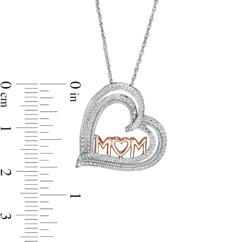 0.2 CT. T.W. Natural Diamond MOM" Triple Row Heart Pendant in Sterling Silver with 10K Rose Gold"