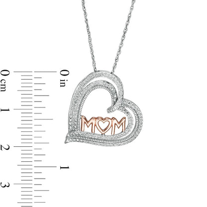 0.2 CT. T.W. Natural Diamond MOM" Triple Row Heart Pendant in Sterling Silver with 10K Rose Gold"