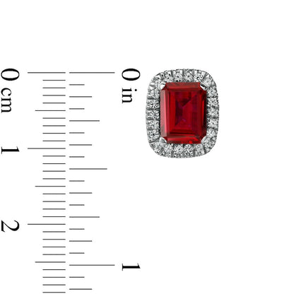 Emerald-Cut Lab-Created Ruby and White Sapphire Cushion Frame Stud Earrings in Sterling Silver
