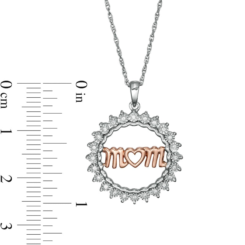 0.1 CT. T.W. Natural Diamond mom" Heart Sunburst Frame Pendant in Sterling Silver and 10K Rose Gold"