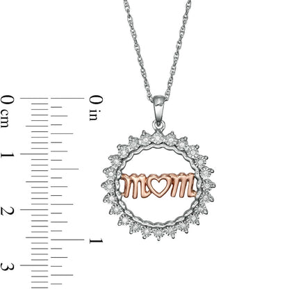 0.1 CT. T.W. Natural Diamond mom" Heart Sunburst Frame Pendant in Sterling Silver and 10K Rose Gold"