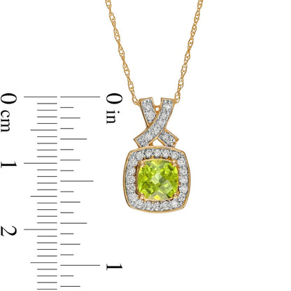6.0mm Cushion-Cut Peridot and 0.2 CT. T.W. Natural Diamond Frame X" Pendant in 14K Gold"