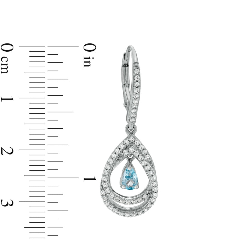 Pear-Shaped Swiss Blue Topaz and White Lab-Created Sapphire Double Loop Open Frame Teardrop Earrings in Sterling Silver