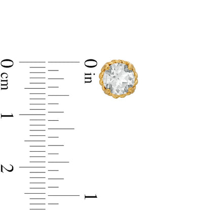 6.0mm White Topaz Solitaire Rope-Textured Frame Stud Earrings in Sterling Silver and 10K Gold