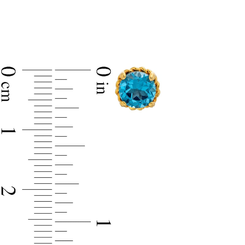 6.0mm Swiss Blue Topaz Solitaire Rope-Textured Frame Stud Earrings in Sterling Silver and 10K Gold