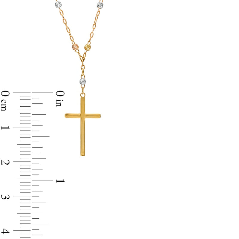 Cross and Brilliance Bead Station Y" Necklace in 10K Tri-Tone Gold - 17""