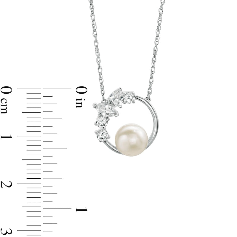 Cultured Freshwater Pearl and Multi-Shape White Lab-Created Sapphire Scatter Open Circle Necklace in Sterling Silver
