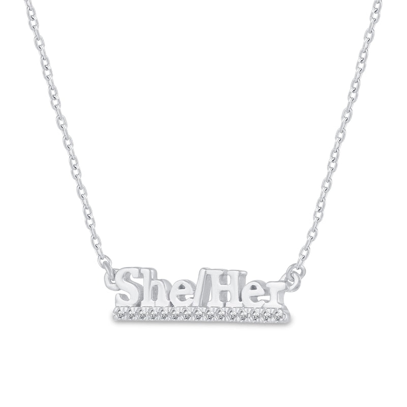 0.07 CT. T.W. Natural Diamond Underlined She/Her" Necklace in Sterling Silver"
