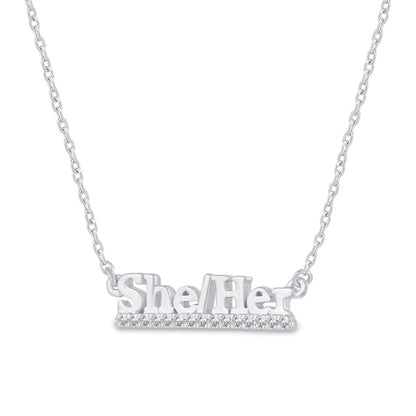 0.07 CT. T.W. Natural Diamond Underlined She/Her" Necklace in Sterling Silver"