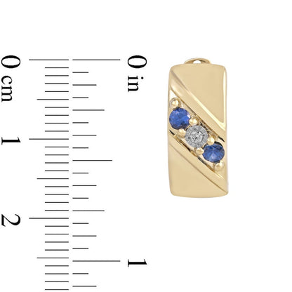 Men's Blue Sapphire and Diamond Accent Three Stone Slant Huggie Hoop Earrings in 10K Gold