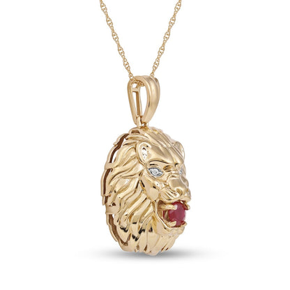 Men's 4.0mm Ruby and Natural Diamond Accent Lion Head Pendant in 10K Yellow Gold - 22