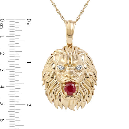 Men's 4.0mm Ruby and Natural Diamond Accent Lion Head Pendant in 10K Yellow Gold - 22