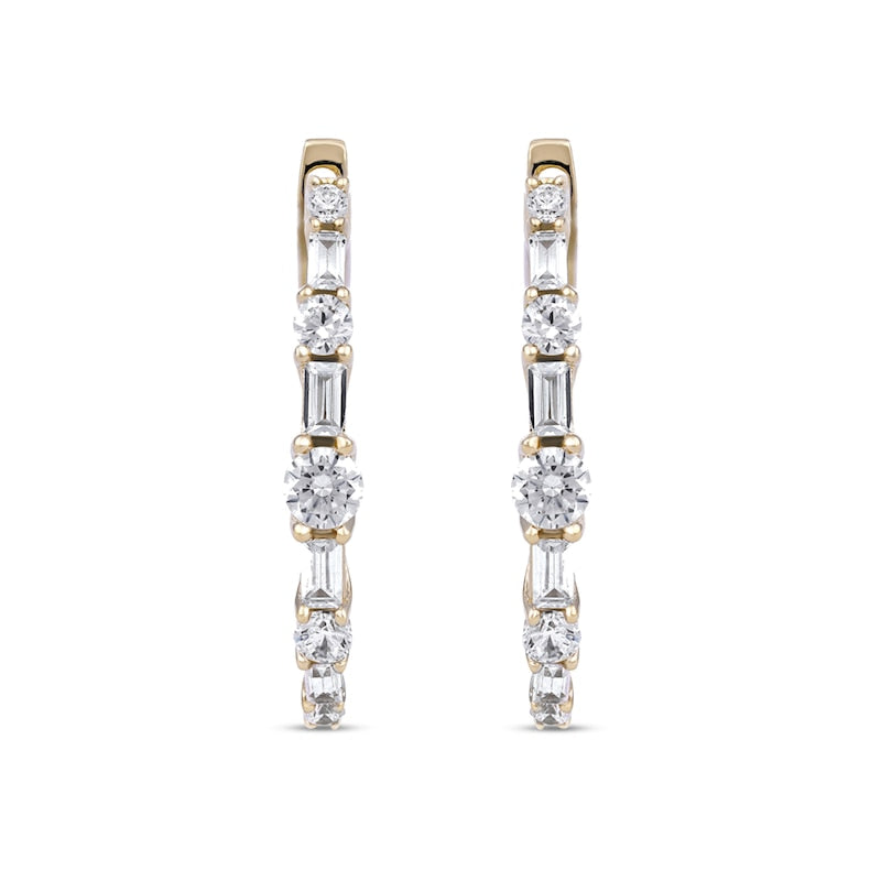 1 CT. T.W. Baguette and Round Diamond Alternating Oval Hoop Earrings in 10K Gold