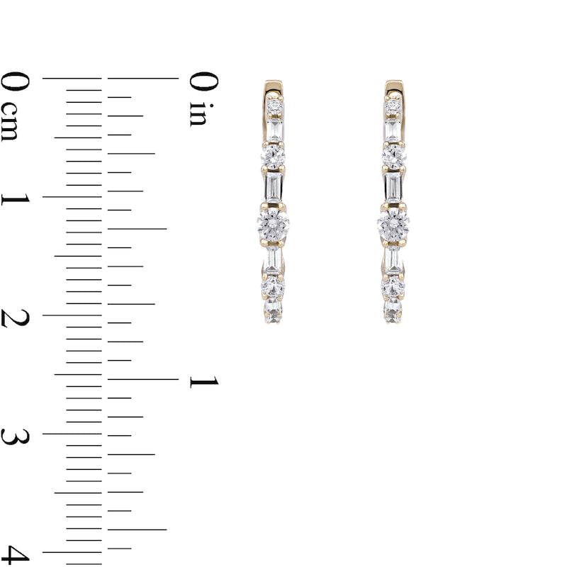 1 CT. T.W. Baguette and Round Diamond Alternating Oval Hoop Earrings in 10K Gold