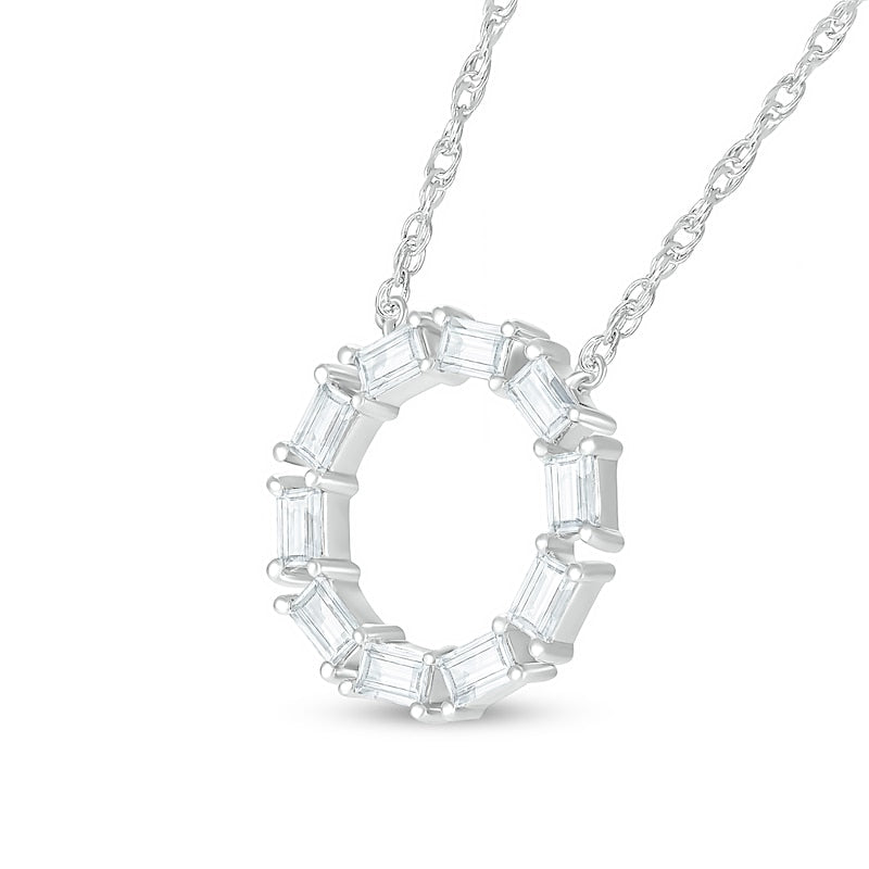 Baguette White Lab-Created Sapphire Geometric Open Circle Pendant in Sterling Silver
