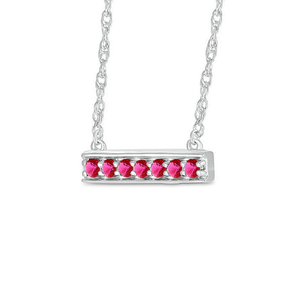 Lab-Created Ruby Seven Stone Border Bar Necklace in Sterling Silver