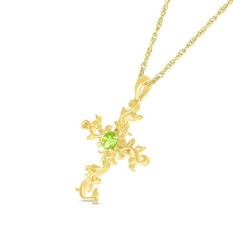4.0mm Peridot Filigree Leaf Vine Cross Pendant in 10K Yellow Gold