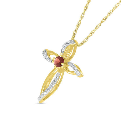 3.0mm Garnet and 0.05 CT. T.W. Natural Diamond Bypass Ribbon Loop Cross Pendant in 10K Yellow Gold