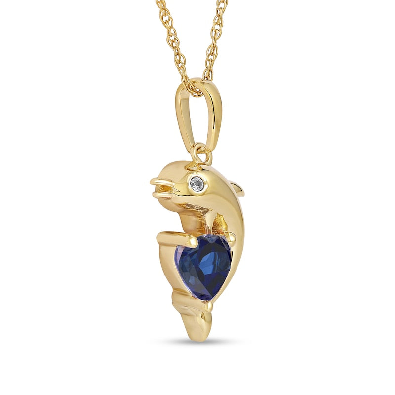 5.0mm Heart-Shaped Blue and White Lab-Created Sapphire Dolphin Pendant in Sterling Silver with 14K Gold Plate