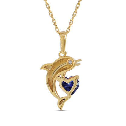 5.0mm Heart-Shaped Blue and White Lab-Created Sapphire Dolphin Pendant in Sterling Silver with 14K Gold Plate