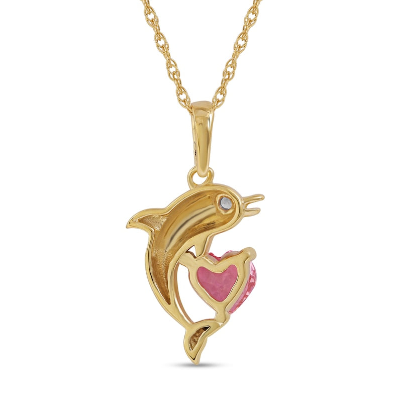 5.0mm Heart-Shaped Pink and White Lab-Created Sapphire Dolphin Pendant in Sterling Silver with 14K Gold Plate