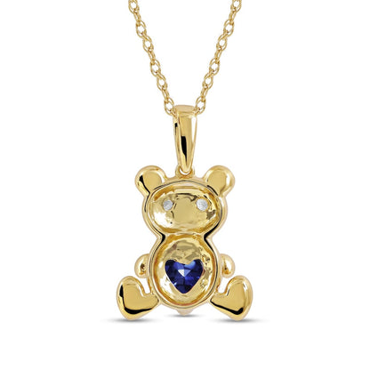 5.0mm Heart-Shaped Blue and White Lab-Created Sapphire Teddy Bear Pendant in Sterling Silver with 14K Gold Plate
