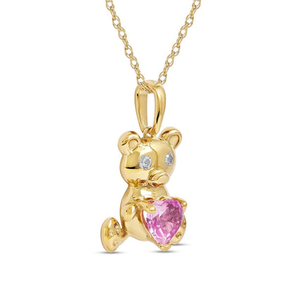 5.0mm Heart-Shaped Pink and White Lab-Created Sapphire Teddy Bear Pendant in Sterling Silver with 14K Gold Plate