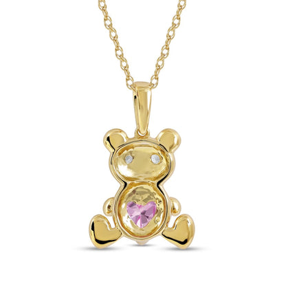 5.0mm Heart-Shaped Pink and White Lab-Created Sapphire Teddy Bear Pendant in Sterling Silver with 14K Gold Plate
