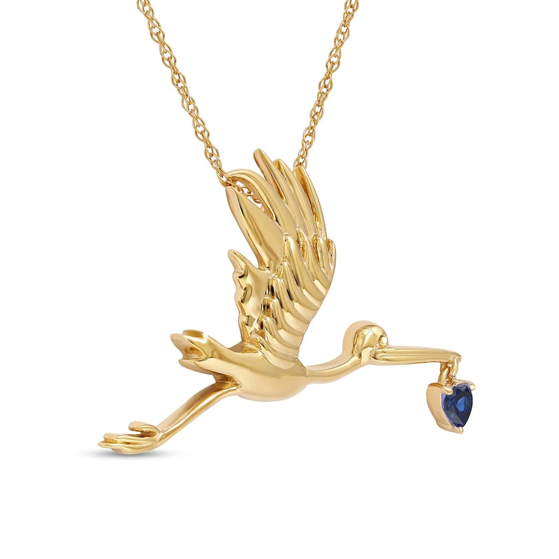 3.0mm Heart-Shaped Blue Lab-Created Sapphire Flying Stork Pendant in Sterling Silver with 14K Gold Plate