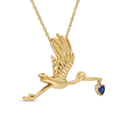 3.0mm Heart-Shaped Blue Lab-Created Sapphire Flying Stork Pendant in Sterling Silver with 14K Gold Plate