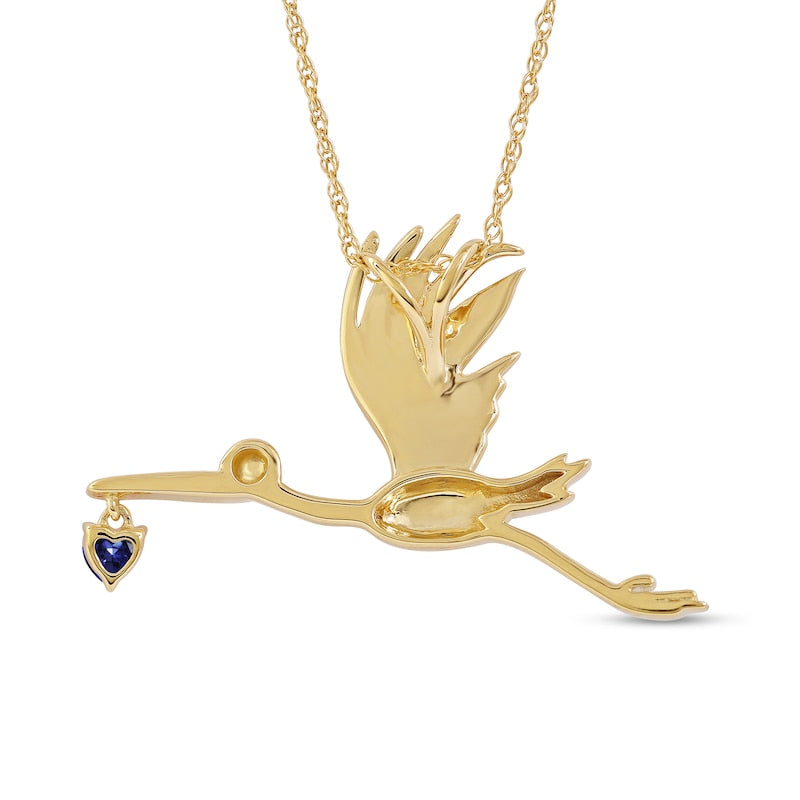 3.0mm Heart-Shaped Blue Lab-Created Sapphire Flying Stork Pendant in Sterling Silver with 14K Gold Plate