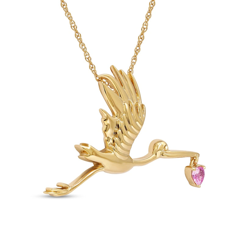 3.0mm Heart-Shaped Pink Lab-Created Sapphire Flying Stork Pendant in Sterling Silver with 14K Gold Plate