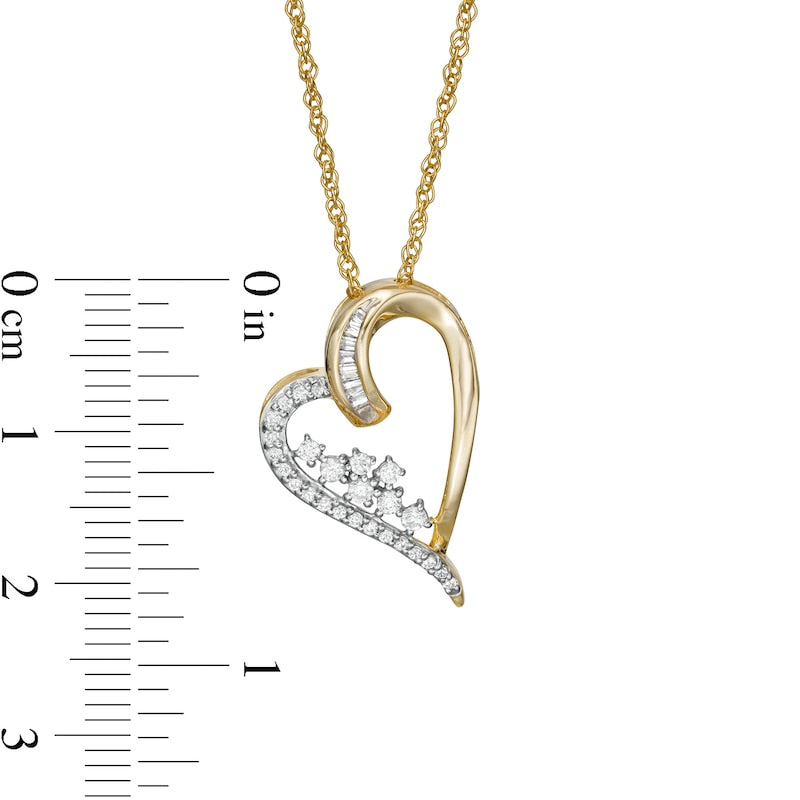 0.25 CT. T.W. Baguette and Round Natural Diamond Tilted Scatter Heart Pendant in 10K Yellow Gold