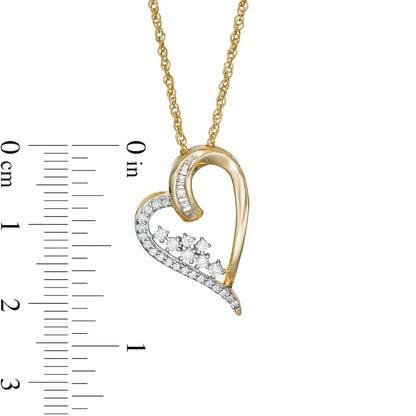 0.25 CT. T.W. Baguette and Round Natural Diamond Tilted Scatter Heart Pendant in 10K Yellow Gold