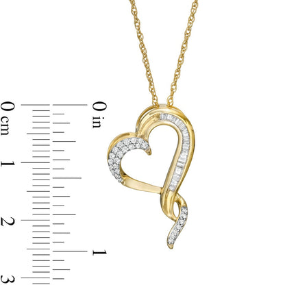 0.17 CT. T.W. Baguette and Round Natural Diamond Twist Heart Pendant in 10K Yellow Gold