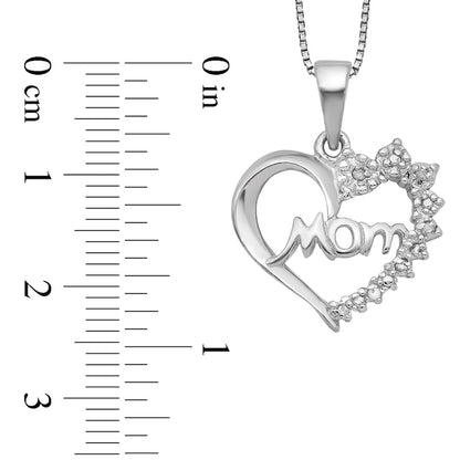 Natural Diamond Accent Beaded Flower Cluster Mom" Shadow Heart Pendant in Sterling Silver û 16""