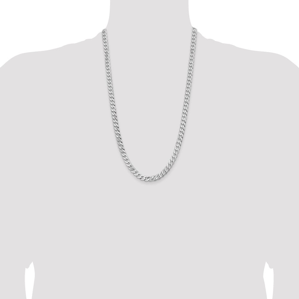 Solid 14K White Gold 26 inch 7.25mm Flat Beveled Curb with Lobster Clasp Chain Necklace
