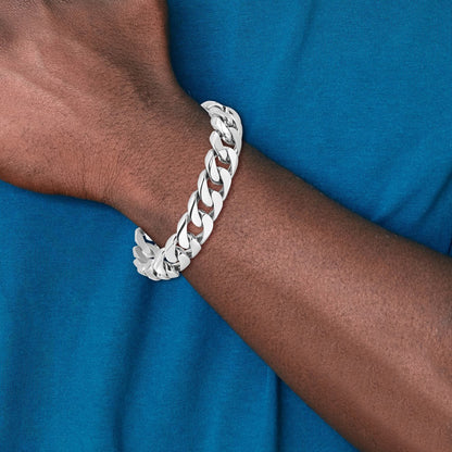 Solid 14K White Gold 8 inch 13.4mm Hand Polished Rounded Curb Link with Box Catch Clasp Bracelet