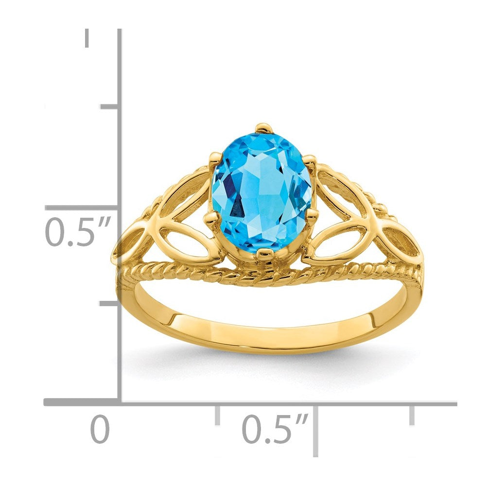 14k yellow gold 8x6mm oval blue topaz checker ring x6102bc