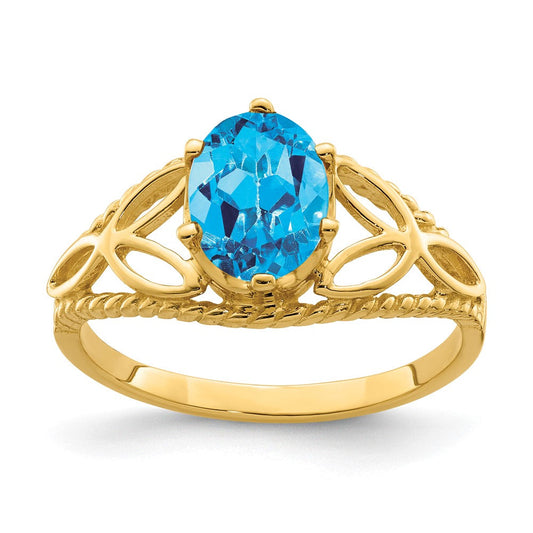 14k yellow gold 8x6mm oval blue topaz checker ring x6102bc