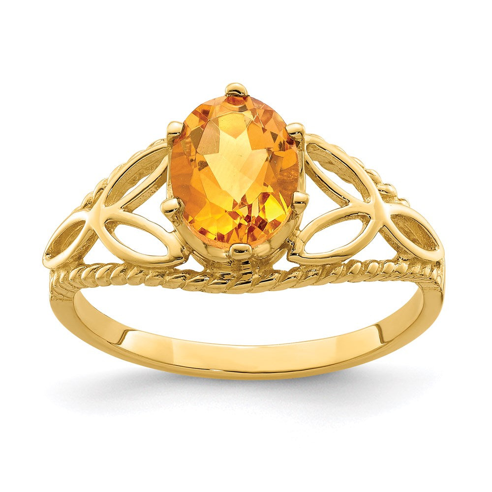 14k yellow gold 8x6mm oval citrine checker ring x6102cc