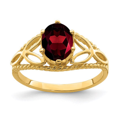 14k yellow gold 8x6mm oval garnet checker ring x6102gc