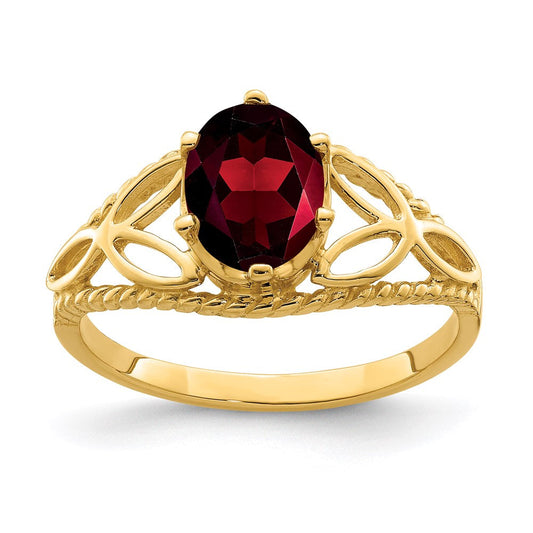 14k yellow gold 8x6mm oval garnet checker ring x6102gc