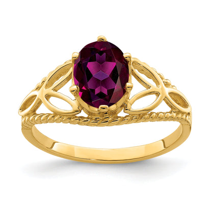 Solid 14k Yellow Gold 8x6mm Oval Rhodolite Simulated Garnet Ring