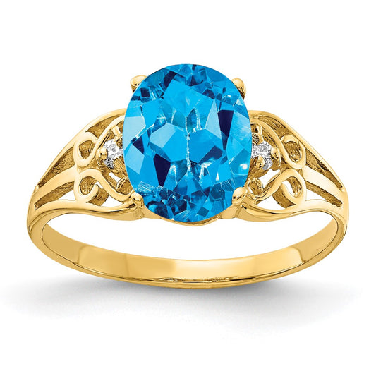 Solid 14k Yellow Gold 9x7mm Oval Simulated Blue Topaz A CZ Ring