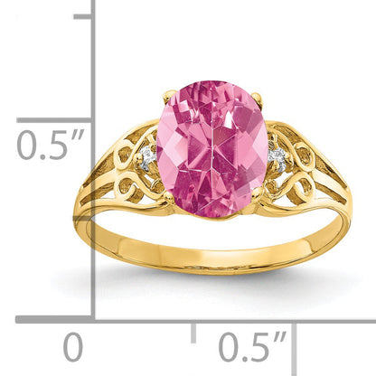 Solid 14k Yellow Gold 9x7mm Oval Simulated Pink Tourmaline AAA CZ Ring